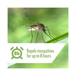 Close-up macro photo of a mosquito perched on grass with text claiming repels mosquitoes for up to 8 hours
