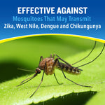 Close macro photo of a mosquito on a green leaf with headline about effectiveness against disease-transmitting mosquitoes.