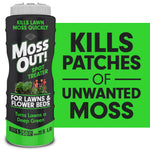 Moss Out! black and green canister with label reading Moss Out! Spot Treater for lawns and flower beds