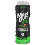 Tall Moss Out! canister with black body and green base showing product name and lawn imagery on the front