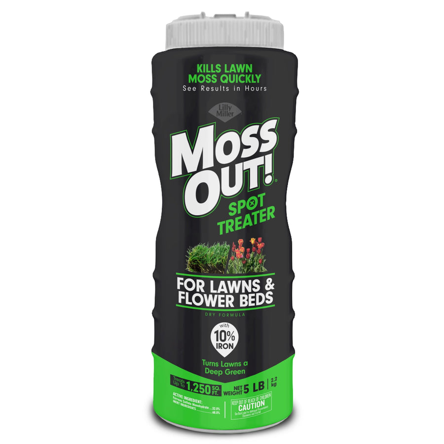 Tall Moss Out! canister with black body and green base showing product name and lawn imagery on the front