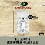 Mossy Oak logo above a single ground meat freezer bag with dimension markers and a callout stating 50 bags included.