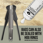 Mossy Oak ground meat bag beside hog ring pliers with text explaining bags can be sealed with hog rings.