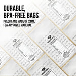 Diagonal arrangement of Mossy Oak freezer bags on a wood background with overlay text highlighting durable, BPA-free material.