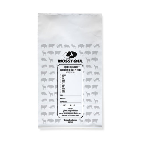 Single Mossy Oak printed ground meat freezer bag with preprinted label and animal silhouettes on white plastic.