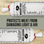 Two Mossy Oak ground meat freezer bags shown horizontally with bold text stating they protect meat from light and air.