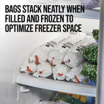 Stacked Mossy Oak frozen ground meat bags inside a freezer shelf with overlay text about optimizing freezer space.