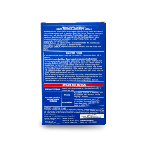 Back panel of Moth Shield box showing precautionary statements, usage directions and storage info