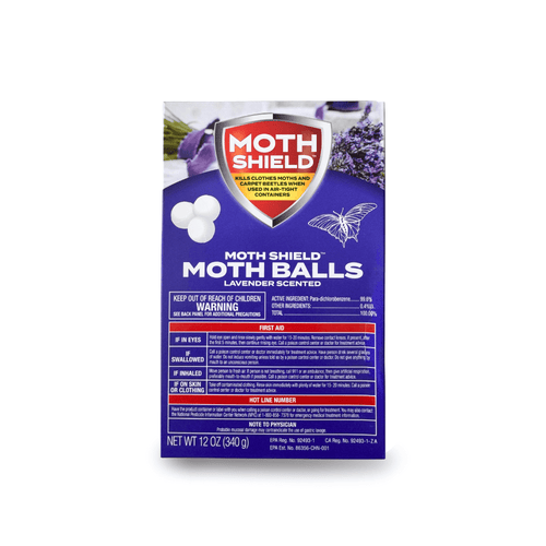 Front-facing Moth Shield Moth Balls lavender-scented retail box isolated on white background with product label visible