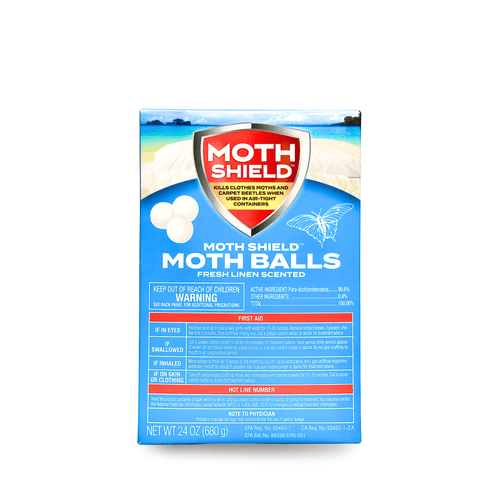 Front-facing Moth Shield Moth Balls product box on a white background showing label and warnings.