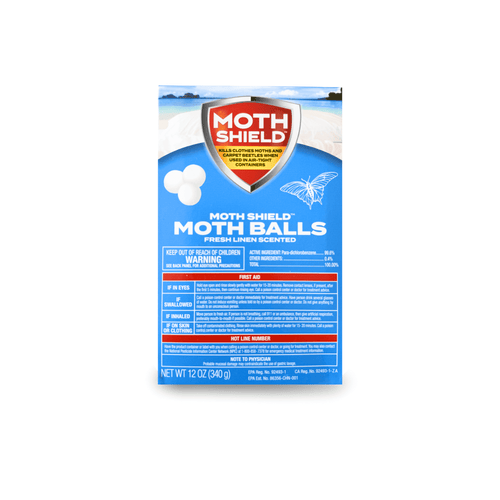 Front-facing Moth Shield Moth Balls box on white background showing logo, product name, and warning panel
