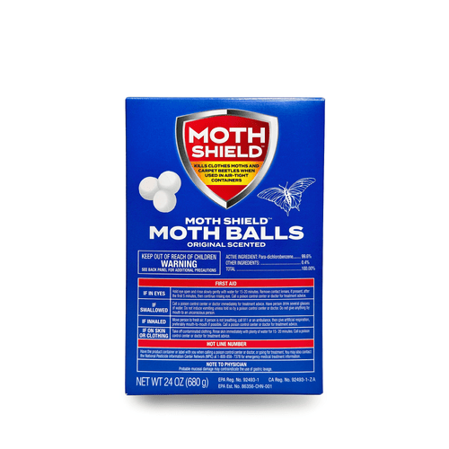 Single upright Moth Shield moth balls blue box on a white background showing product name, logo and warning panel