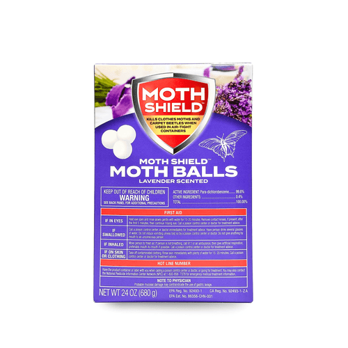 Single front-facing Moth Shield Moth Balls box on white background showing purple packaging, logo, and product information