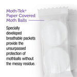 Closeup infographic of paper-covered moth balls with text describing breathable packets