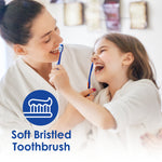 adult and child in white robes brushing teeth with blue toothbrushes, with a soft bristled toothbrush graphic and text