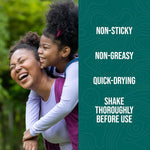 Smiling mother and child outdoors paired with product callouts: non-sticky, non-greasy, quick-drying and 'shake thoroughly before use'