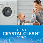 Lifestyle image of mother and child with laundry basket beside a front-load washing machine and freshness text