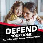Mother hugging young daughter above bold headline reading DEFEND YOUR HOME with a money-back guarantee message