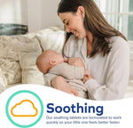 Mother holding an infant in a bright living room with an overlaid icon and text highlighting soothing product benefits