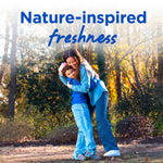 Outdoor lifestyle photo of a woman hugging a child in a wooded park with headline ‘Nature-inspired freshness’
