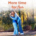 Woman hugging a child outdoors under trees with overlay text 'More time for fun' in warm tones