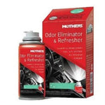 Red Mothers Odor Eliminator & Refresher aerosol can alongside its red retail box featuring a car-interior graphic and product branding.