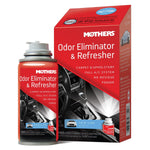Red Mothers Odor Eliminator & Refresher aerosol can next to matching red retail box showing a car interior and ‘New Car’ scent label.