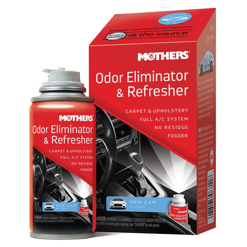 Red Mothers Odor Eliminator & Refresher aerosol can next to matching red retail box showing a car interior and ‘New Car’ scent label.
