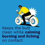 Illustration of a person on a motorcycle with text claiming it keeps the butt clean while calming burning and itching