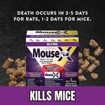 Promotional graphic with MouseX box surrounded by pellet pieces and headline about time to death for rodents