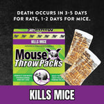 Promotional graphic showing MouseX Throw Packs box and two clear pellet sachets with text about time to death above