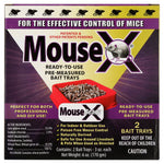 Front-facing MouseX product box showing ready-to-use pre-measured red bait tray and product branding