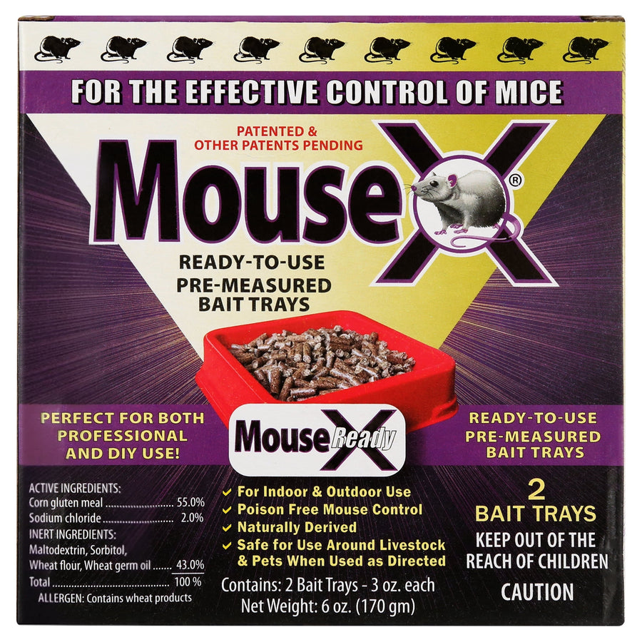 Front-facing MouseX product box showing ready-to-use pre-measured red bait tray and product branding