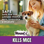 Lifestyle image of a child holding a small dog with overlay text claiming MouseX is safe for use around people and pets