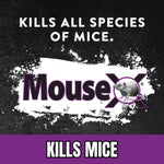 Black graphic with white paint splash and MouseX logo with headline 'Kills All Species of Mice' in white text