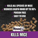 Marketing graphic showing loose bait pellets, MouseX logo and bulleted claims like 'poison free' and 'easy to use'