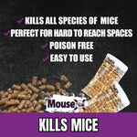 Marketing image with loose bait pellets, two sealed sachets and checklist of features including 'Poison Free' and 'Easy to Use'