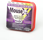 Photo of a single red MouseX bait tray in retail blister-style packaging displayed against white background