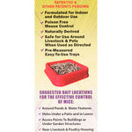 Informational side panel showing a red bait tray with pellets and bulleted product features for MouseX