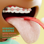 Close-up render of a mouth with braces and a red tongue scraper contacting the tongue, captioned “hygienic scraper.”