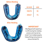 Before-and-after molded mouthguard photos with a sizing chart and fitting warning text on white background