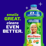 Green Mr. Clean 2X concentrated bottle on blue background with text 'smells GREAT. cleans EVEN BETTER.'
