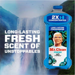 Mr. Clean 2X concentrated blue bottle overlaid on a waterfall background with text about long-lasting fresh scent