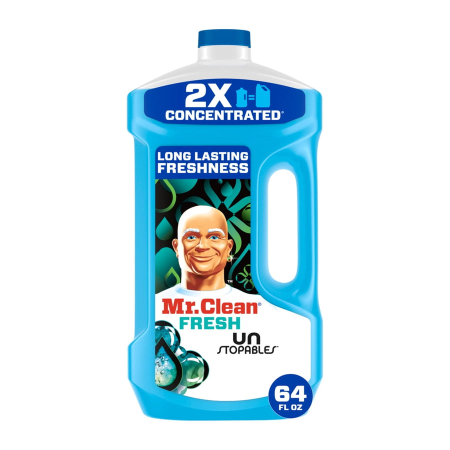 Blue Mr. Clean 2X concentrated multi-surface cleaner bottle with Mr. Clean logo and Unstopables Fresh label