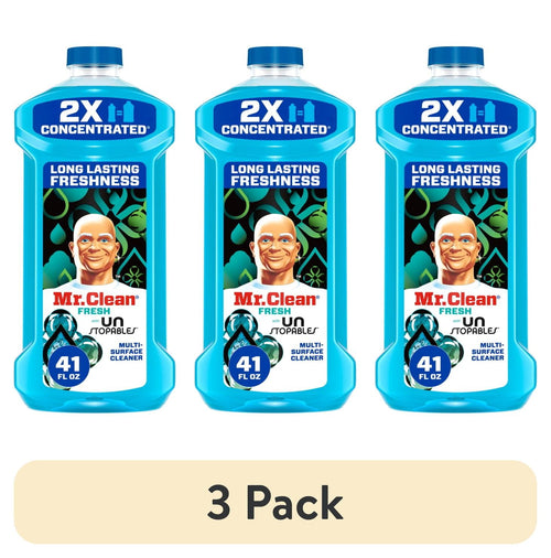 Three blue Mr. Clean 2X concentrated multi-surface cleaner bottles with Unstopables label arranged side-by-side