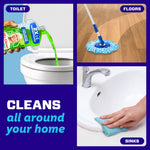 Collage showing Mr. Clean 2X concentrated being poured into a toilet, used on floors and sinks with 'Cleans all around your home' text
