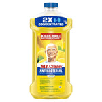 Centered Mr. Clean antibacterial lemon bottle on white background showing full front label and blue cap.