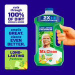 Graphic of a green Mr. Clean bottle being held at right with callouts describing cleaning performance and freshness claims.