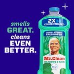 Mr. Clean Meadows & Rain bottle at right with bold text saying “smells GREAT. cleans EVEN BETTER.” on blue field