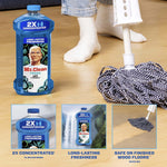 Mr. Clean 2X concentrated blue bottle on a floor next to a mop and socked feet, with small inset feature images